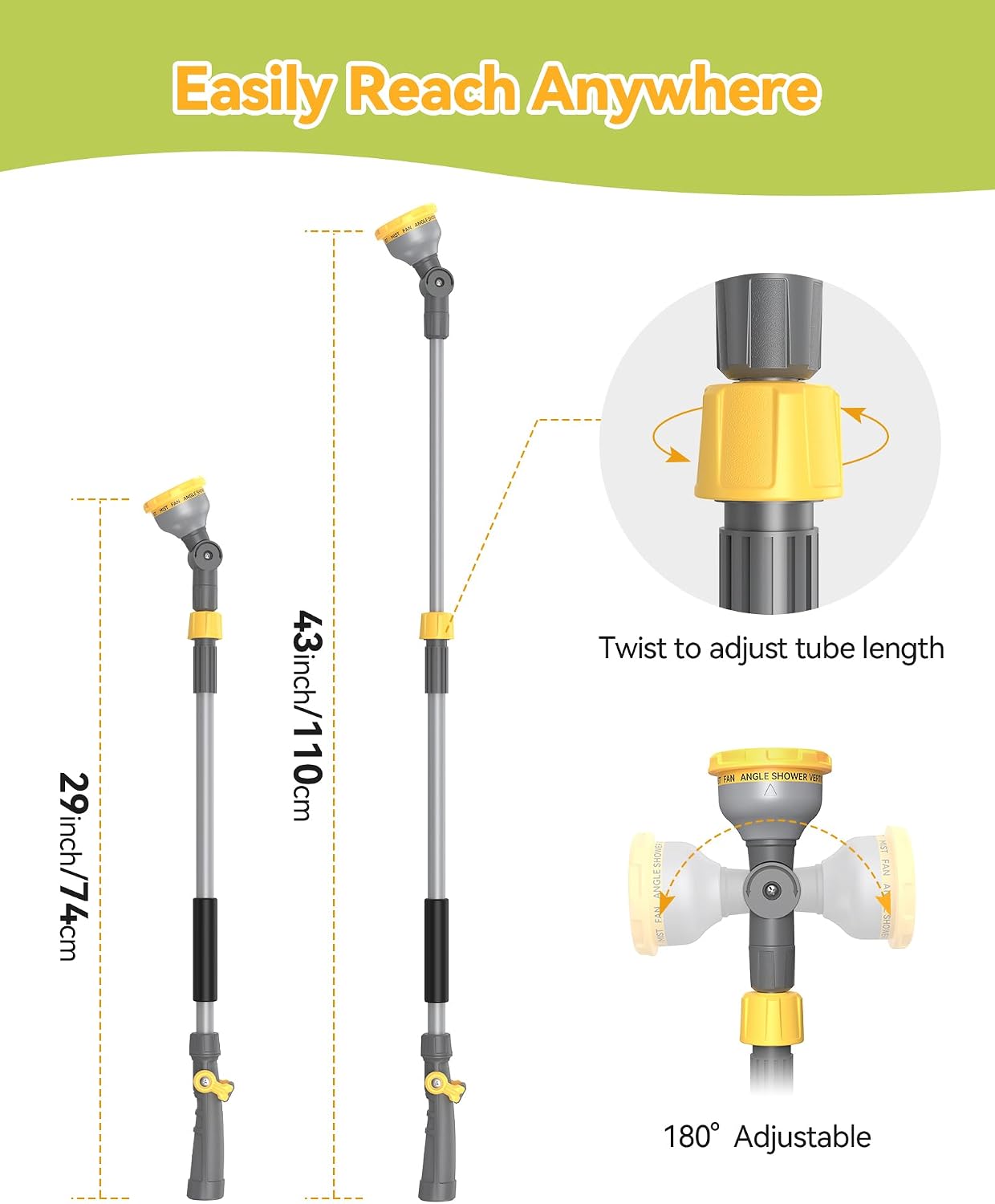 Garden Hose Watering Wand 29-43 Inch Adjustable Spray Wand | 10 Spray Patterns, 180° Swivel Head, Thumb Flow Control for Hanging Baskets, High Shrubs, Patio and Garden Plants - Image 2