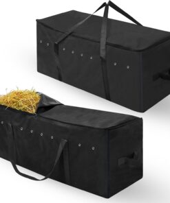 2 Pack Hay Bale Bag 600d 41 x 15 x 17 Inch Extra Large Hay Storage Container for Horses Oxford Cloth Heavy Duty Tote Bale Storage Bag for Cattle Goats Sheep Horse Supplies(Black)