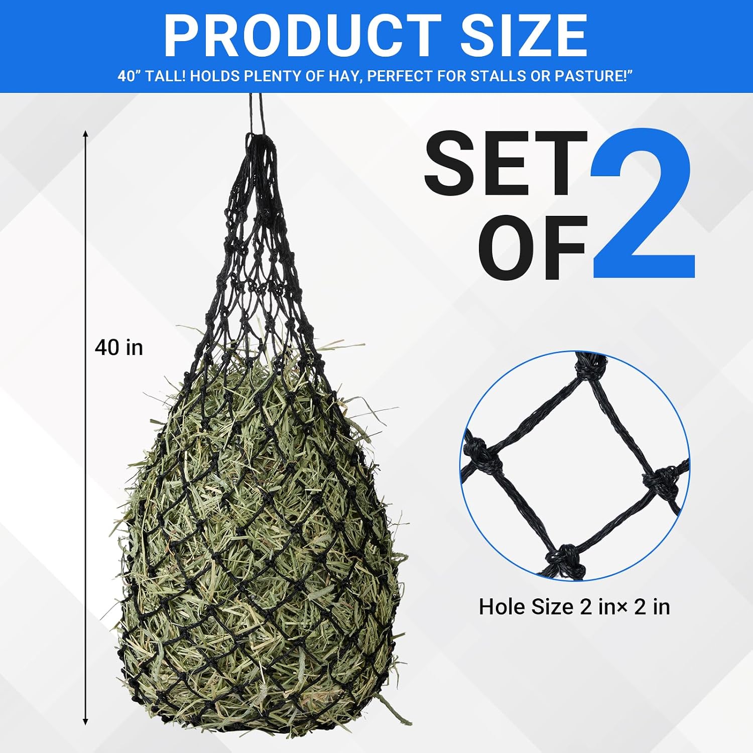 2-Pack Heavy Duty Hay Bags, Slow Feeder for Horses & Goats with 2-Inch Holes, Adjustable Drawstring Hay Net to Reduce Waste & Improve Digestion for Stall, Trailer, Pasture - Image 2