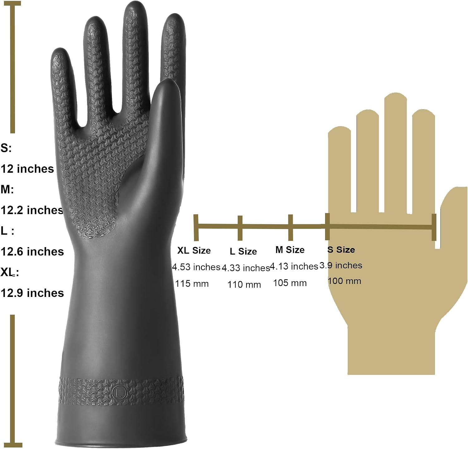 Chemical Resistant Latex Gloves, Cleaning Protective Safety Work | Heavy Duty Rubber Gloves, S-M-L-XL Size, Black 1 Pair - Image 2