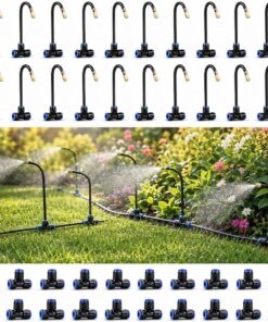 Drip Irrigation Nozzles 20 Pack, 8 Inch Adjustable Sprayers for 1/4 Tubing | 360° bendable stems direct water where needed; tee connectors branch irrigation for pots, raised beds and greenhouse plants.