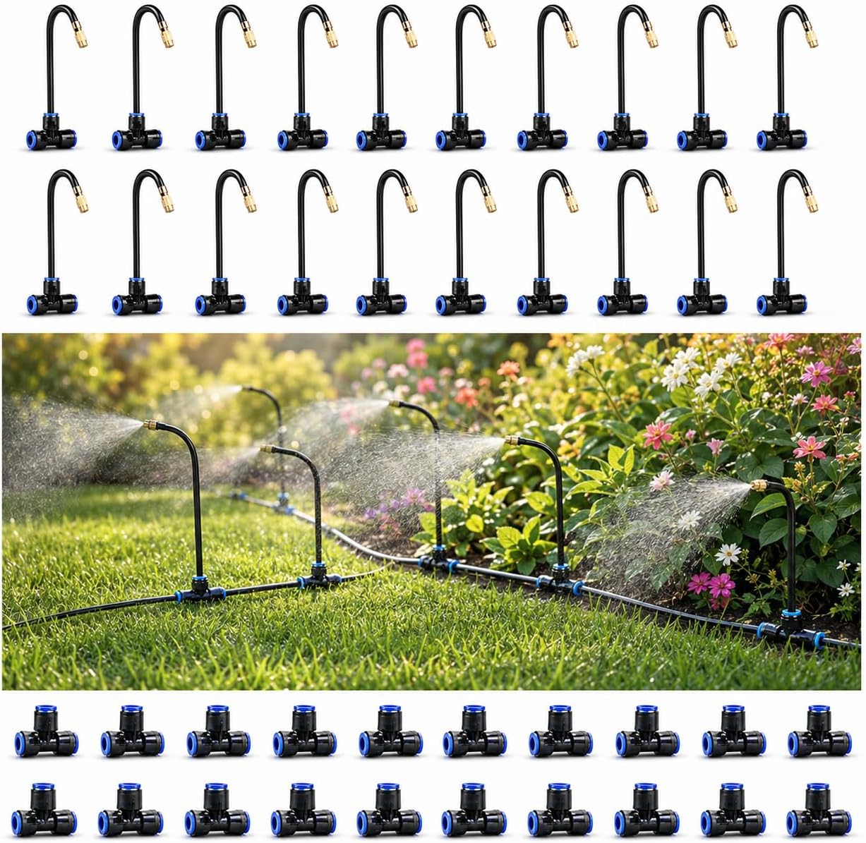 Drip Irrigation Nozzles 20 Pack, 8 Inch Adjustable Sprayers for 1/4 Tubing | 360° bendable stems direct water where needed; tee connectors branch irrigation for pots, raised beds and greenhouse plants.