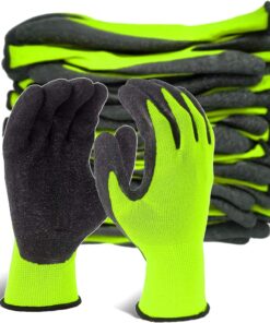 Crinkle Latex Rubber Hand Coated Safety Work Gloves for Men Women General Multi Use Construction Warehouse Gardening Assembly Landscaping (Large, Green 12 Pairs) | 12-Pair Bulk Pack,Hi Vis Green,Great grip,Breathable,General Multi Use for Gardening Construction Warehouse (Large)