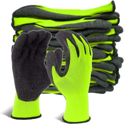 Crinkle Latex Rubber Hand Coated Safety Work Gloves for Men Women General Multi Use Construction Warehouse Gardening Assembly Landscaping (Large, Green 12 Pairs) | 12-Pair Bulk Pack,Hi Vis Green,Great grip,Breathable,General Multi Use for Gardening Construction Warehouse (Large)