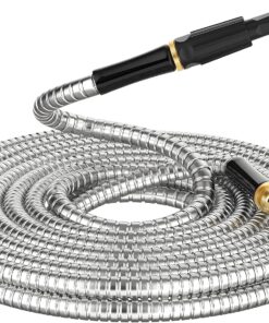 Non-Expandable Metal Garden Hose 50 Feet with Sprayer Nozzle, Flexible, No Kinking, Lightweight & Heavy Duty Water Pipe, Stainless Steel Outdoor Water Hose for Yard 50 ft, Male to Female Connector