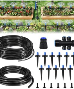 50FT Vortex Drip Irrigation Kit | Quick-connect watering system with 40FT tubing, 10FT main hose and 12 adjustable drippers for patio pots and raised beds