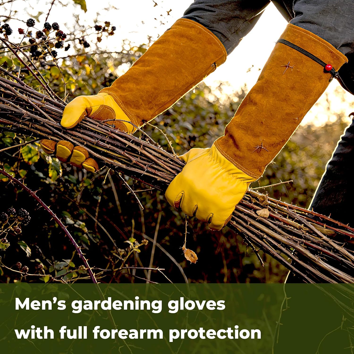 Long Gardening Gloves for Men, Reinforced Fingertips Cowhide Leather, Elbow-Length Gauntlet Cuff, Breathable & Durable for Yard Work Fit for Large Hands (Gold Yellow, XL) - Image 2