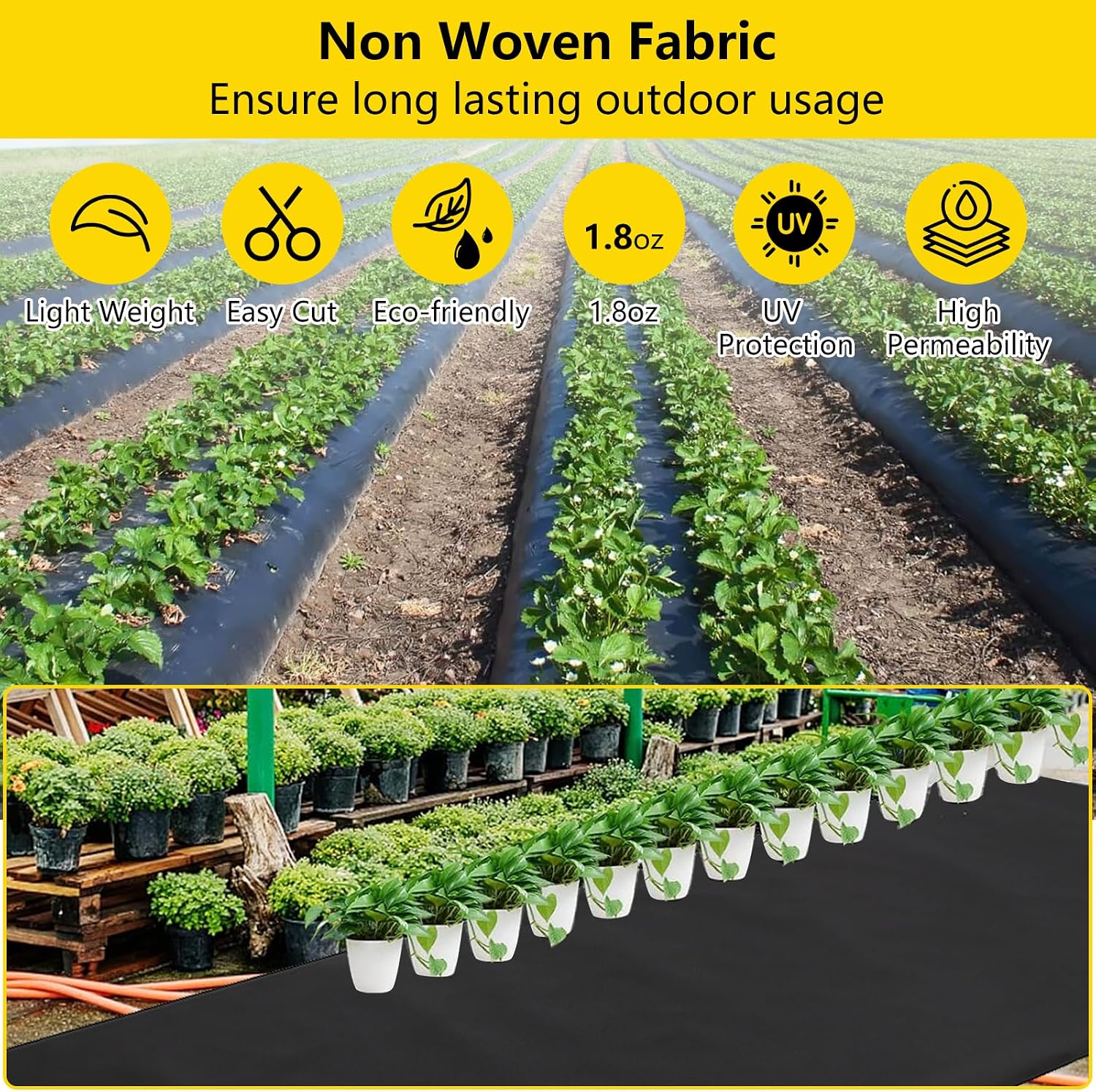 6 ft x300 ft Weed Barrier Landscape Fabric, Premium Non-Woven 1.8 oz Ground Cover Weed Block Gardening Mat, Easy Setup & Superior Weed Control, for Erosion Control, Weed Block, Ground Cover - Image 2