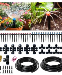 Drip Irrigation System, -Upgrade 33FT+197FT 1/4" Garden Watering Kit with Adjustable Red & Blue Emitters, 3/4" Brass Connector, DIY Kit for Garden, Greenhouse, Potted Plants & Raised Beds