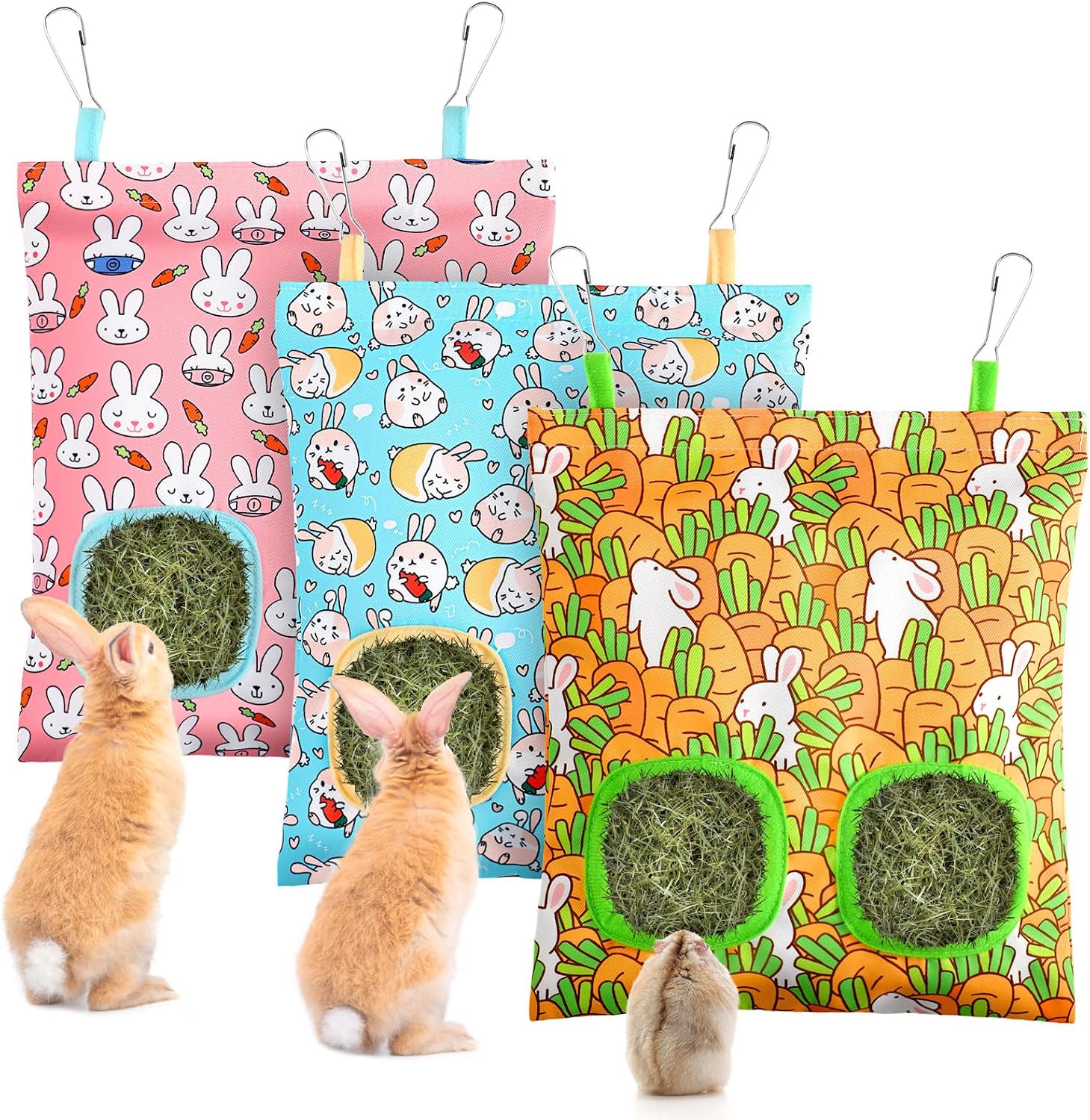3Pack Guinea Pig Hay Feeder Bag,Bunny Rabbit Cage Bag Hanging Holder | Guinea Pig Cage Feeder,for Bunny Rabbits,Chinchillas,Hamsters,Small Pets,and Animals